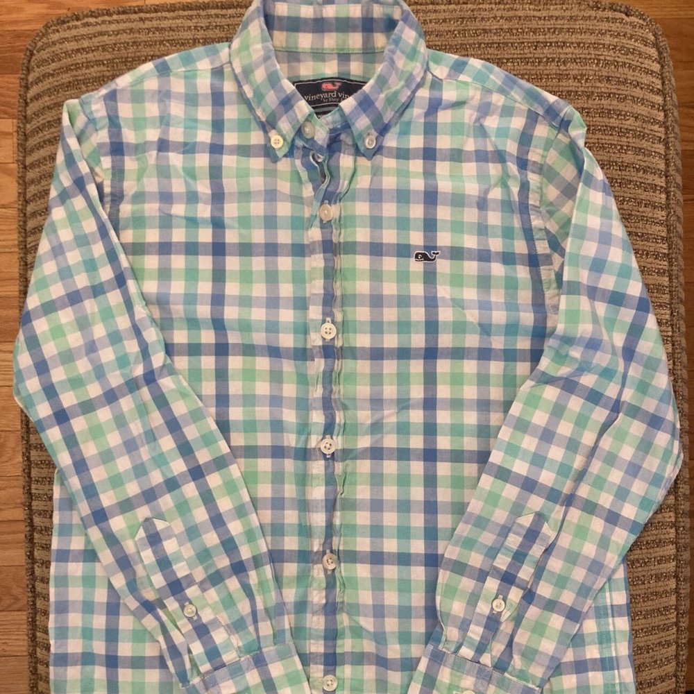 Vineyard Vines Whale Shirt, Boys' Blue Plaid Long Sleeve Shirt, Size S (8-10)